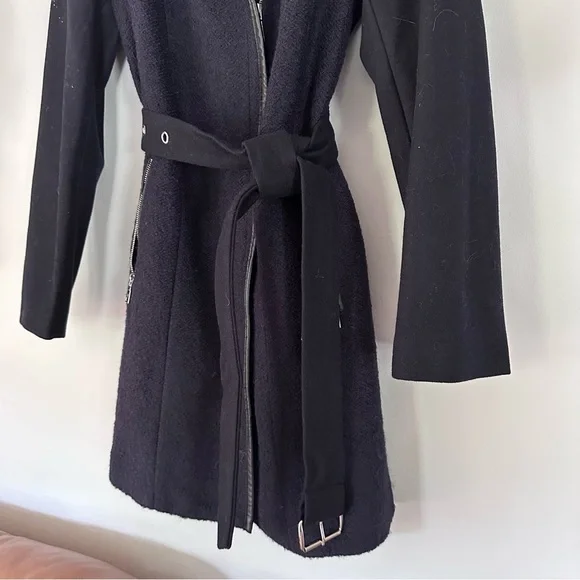 Tahari Wool Blend Full Zip Belted Black Pea Coat Women’s Sz Large